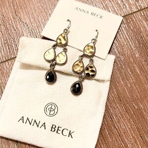 $288 Anna Beck Gold and Black Teardrop chandelier drop Earrings 925 Sterling
